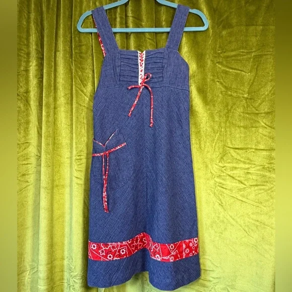 Vintage 1970s Blue & Red Handkerchief Print Lace Up Mini Dress. Size XS - Picture 1 of 8